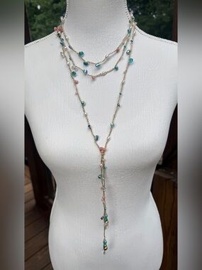 Delicate Crochet Multi wrap  Teal and Pink Beaded Lariat Necklace